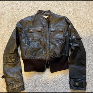Brown leather bomber jacket